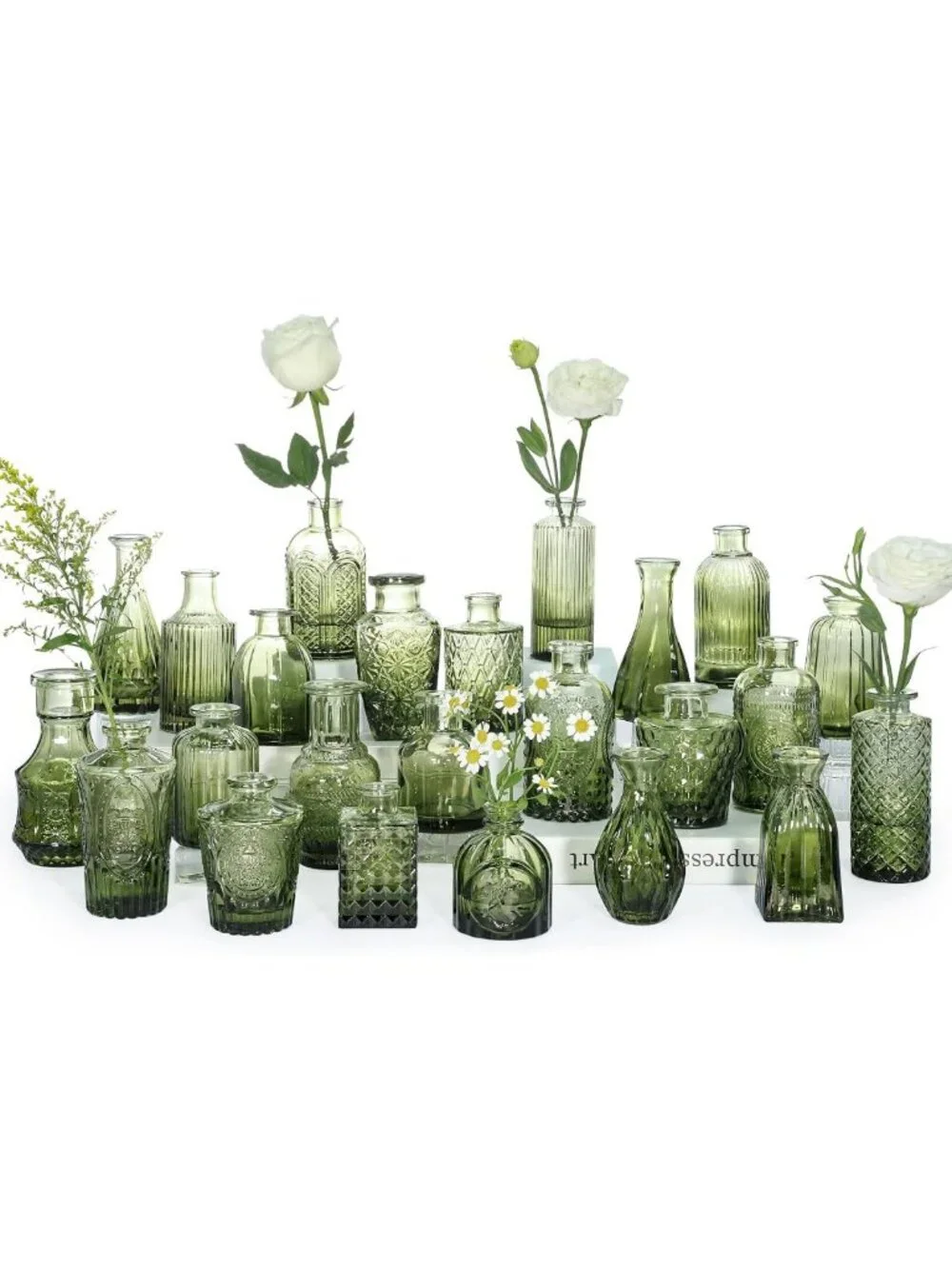 Set of 24 Small Green Glass Bud Vases for Floral Arrangements & Centerpieces